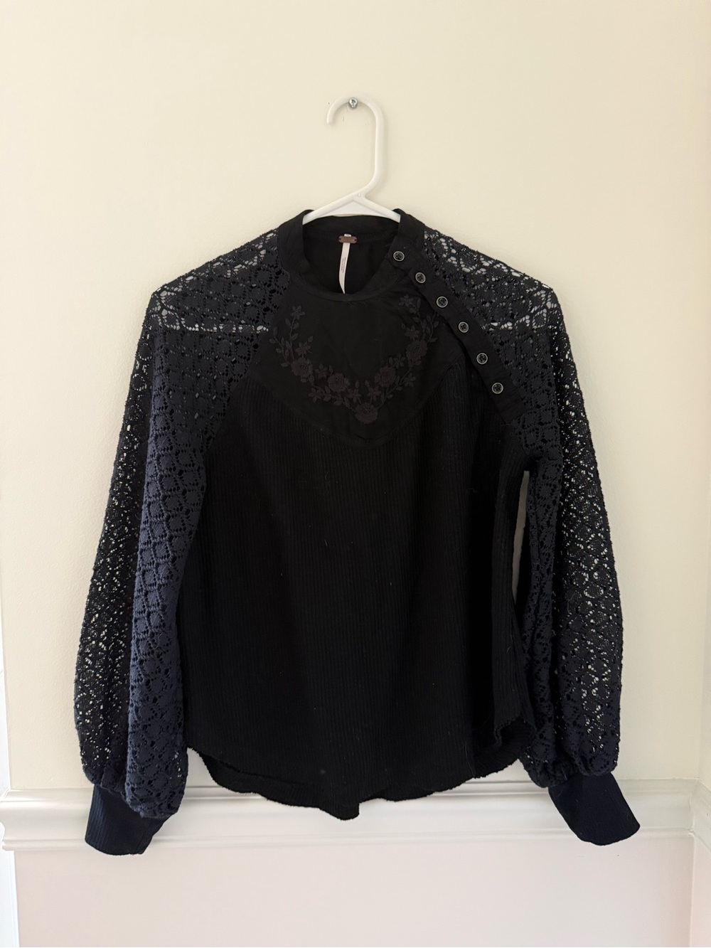 Free People Black Lace-Sleeve Button-Shoulder Top